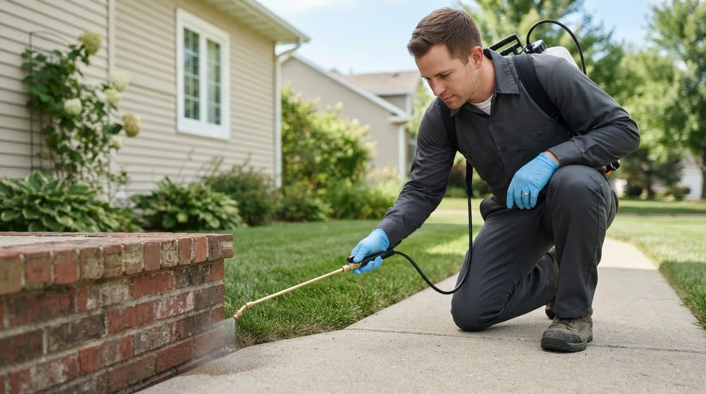 Pest control technician treating a home near Palmyra, IN